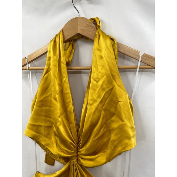 Reformation 100% Silk Mustard Yellow Halter Neck Cut Out Nerida Maxi Dress Gown - Picture 6 of 11